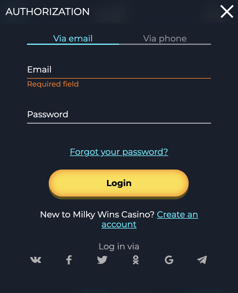 Milky Wins Casino Sign up