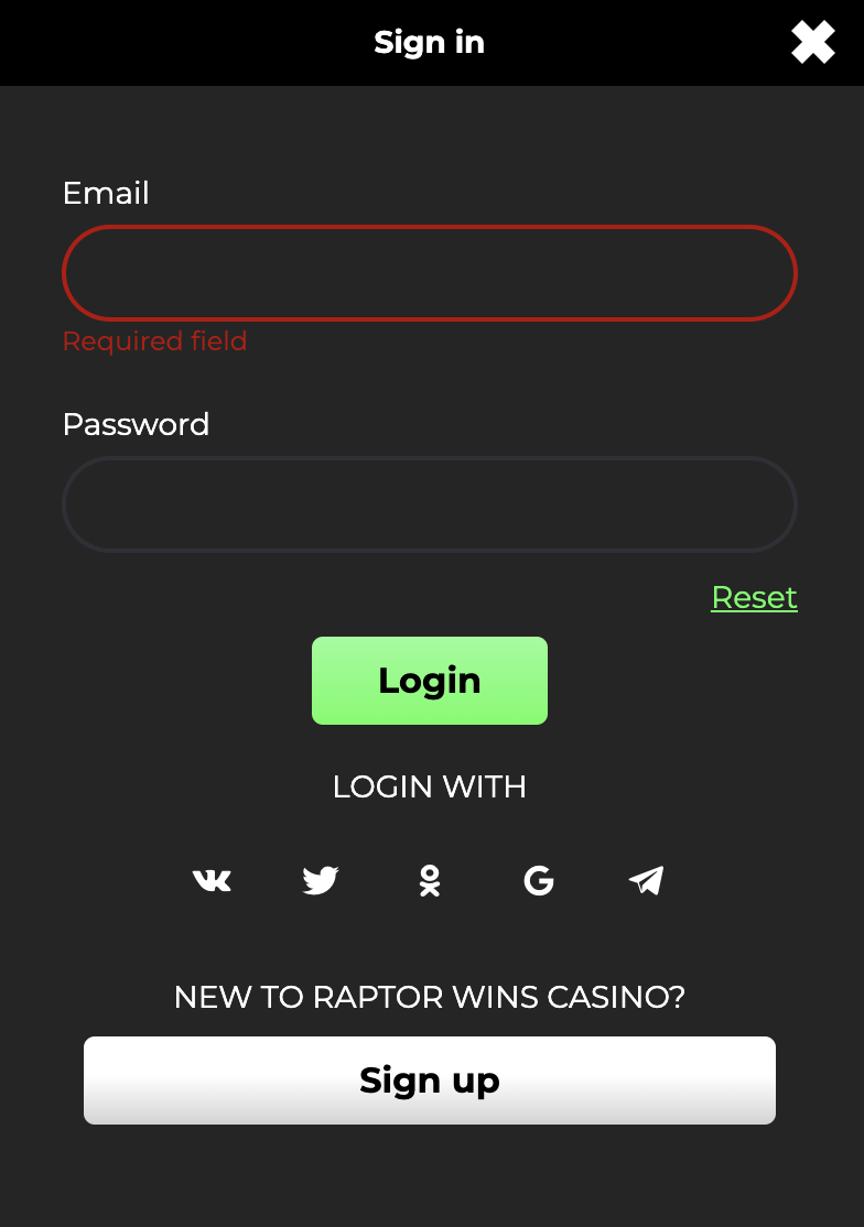 Raptor Wins Casino Sign up