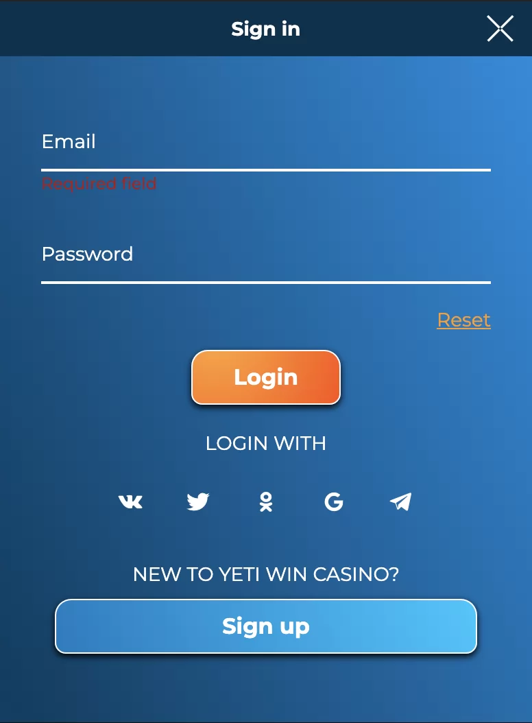 Yeti Win Casino Sign up